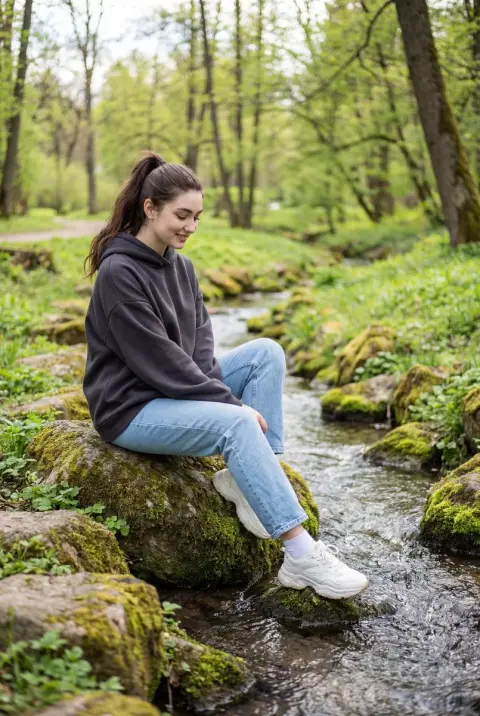 Quiet girl in the green forest beside the stream