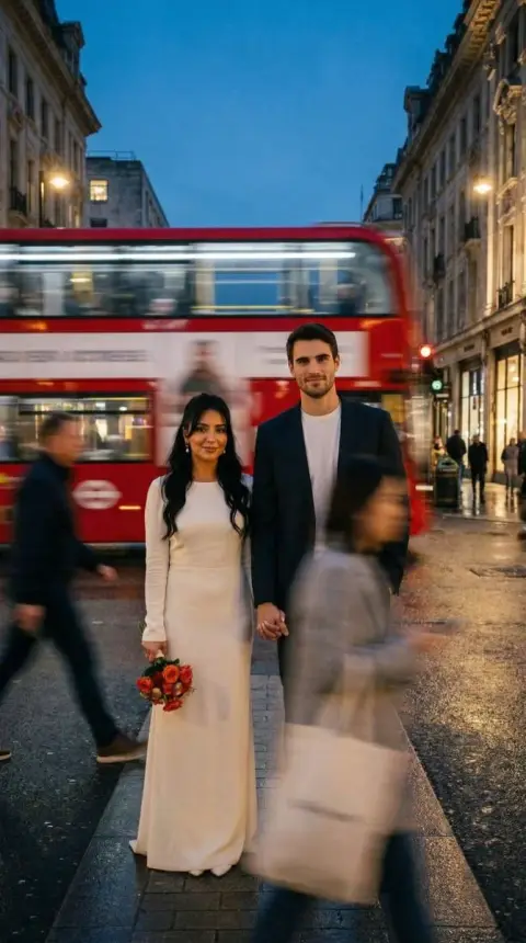 Quiet lovers passing by a red bus at dusk