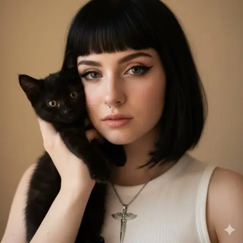 Quiet moments between a freckled girl and a black cat with amber eyes