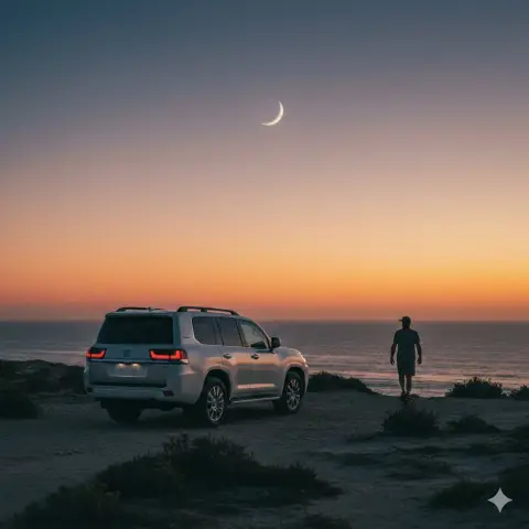 Quiet moments on the twilight coast and white land cruiser