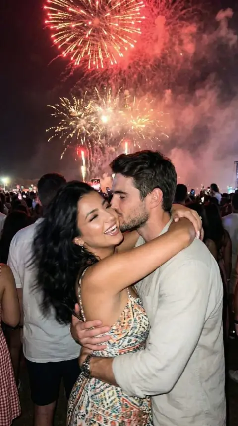 Real shots of hugging and kissing under the bright fireworks