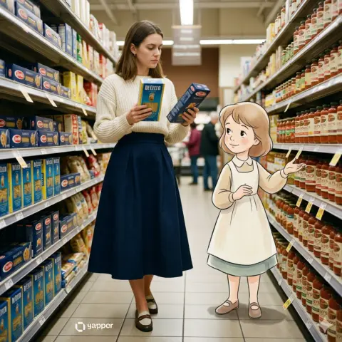Real women shopping in supermarket with retro Disney animated assistant