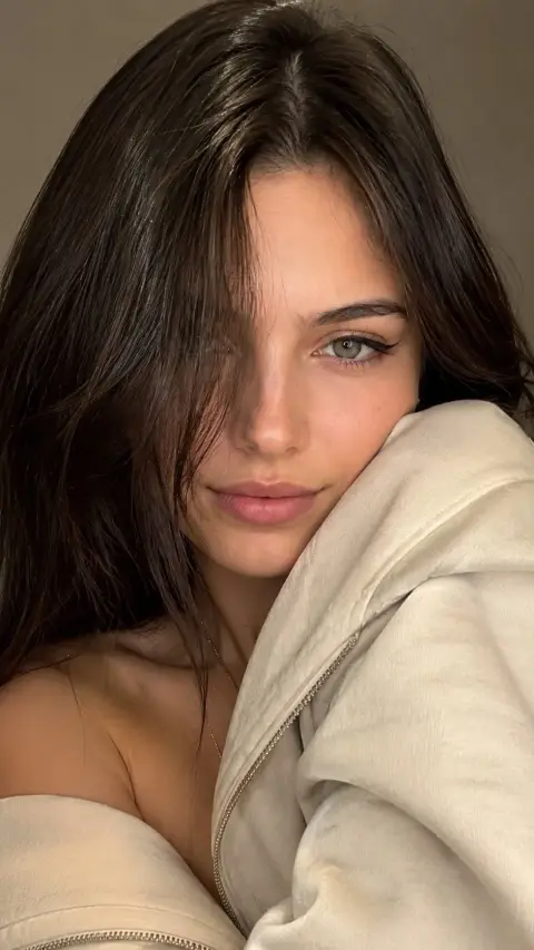 Realistic close up selfie portrait of girl in cream hoodie
