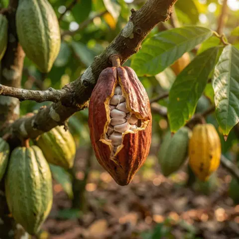 Realistic commercial blockbuster cocoa fruit bursting beans spinning and baking transformation