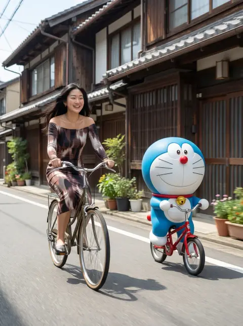 Realistic Doraemon Cycling Through a Traditional Japanese Street