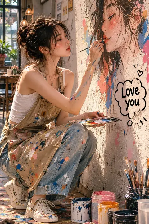 Realistic editorial portrait of cafe creating mural