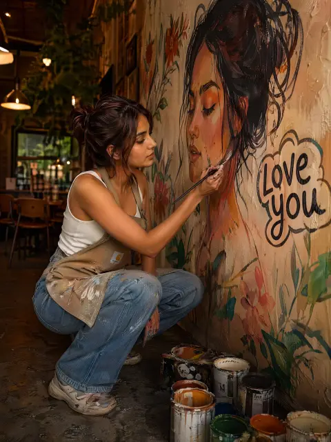 Realistic editorial portrait of cafe creating large mural