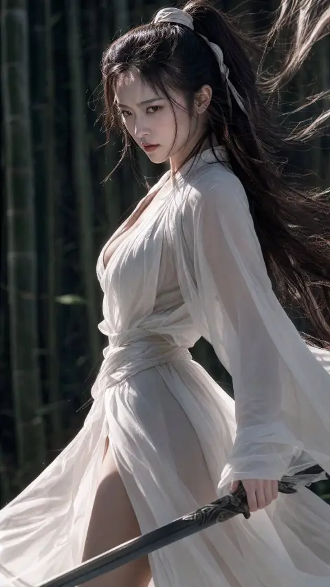 Realistic film-like photo of an ancient-style heroine in white clothes holding a sword in the bamboo forest