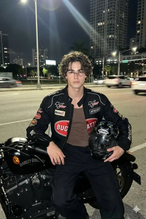 Realistic flash photo of riding a Harley motorcycle on an urban street at night