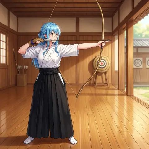 Realistic image of the Japanese archery goddess deep in the green bamboo