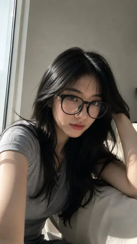 Realistic mobile phone selfie of an East Asian woman under the sun by the window