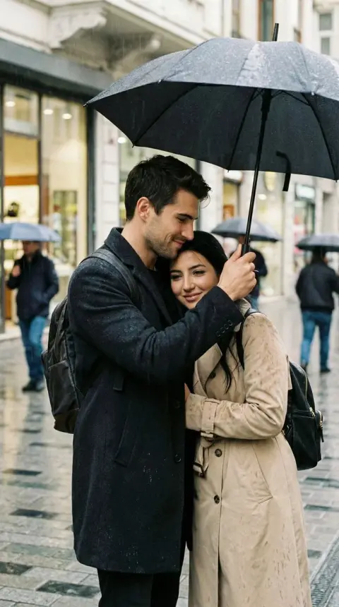 Realistic moment of a couple holding an umbrella in the rainy alley of Istanbul