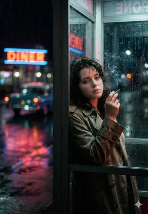 Realistic movie touching portrait of lonely woman in phone booth on neon rainy night