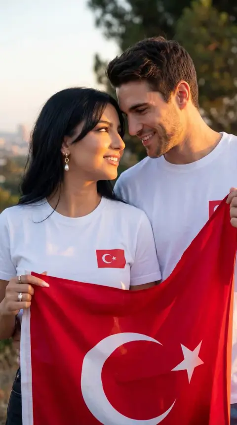 Realistic photography of loving couple under Turkish flag