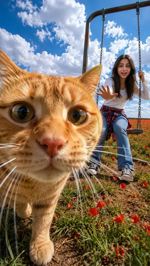 Realistic photography of cats stealing the spotlight on a swing in a summer flower field