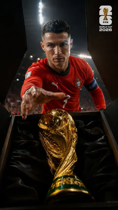 Realistic photography of the 2026 World Cup championship trophy and players