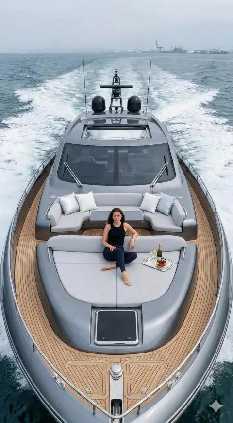 Realistic photography of luxury yacht and elegant women riding the waves