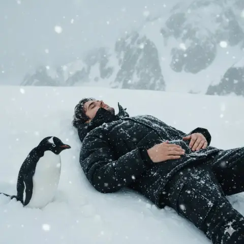 Realistic photography of a tired penguin wearing a paper crown and feeling hopeless