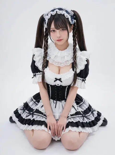 Realistic portrait of blue-haired maid with twin ponytails