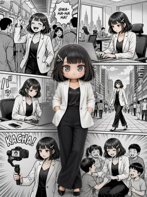 Realistic portrait of working woman in front of comic collage background