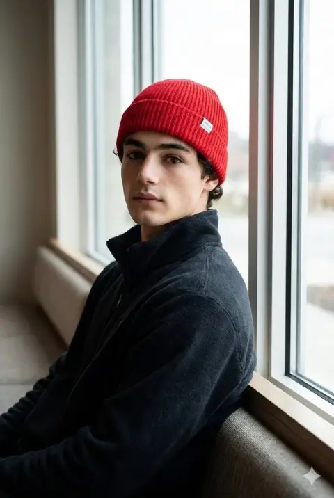 Realistic portrait of sporty man wearing bright red knitted hat by window
