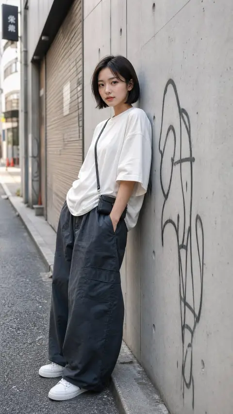 Realistic portrait of short-haired Japanese woman standing against the wall