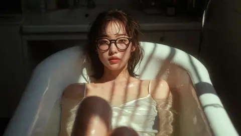 Realistic portrait of Japanese and Korean women with black-rimmed glasses in the bathtub