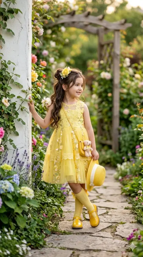 Realistic portrait of girl in yellow dress in garden
