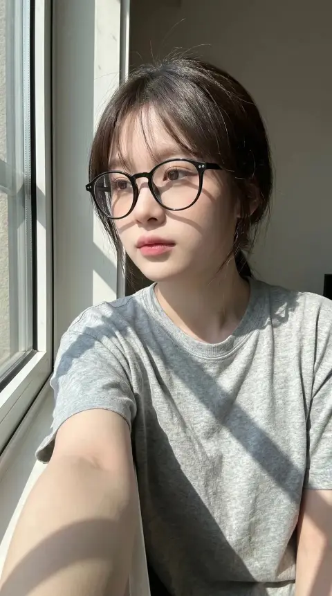 Realistic portrait of woman taking selfie on mobile phone in natural light by window