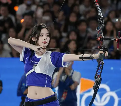 Realistic sports photography of beautiful East Asian archers in indoor arena