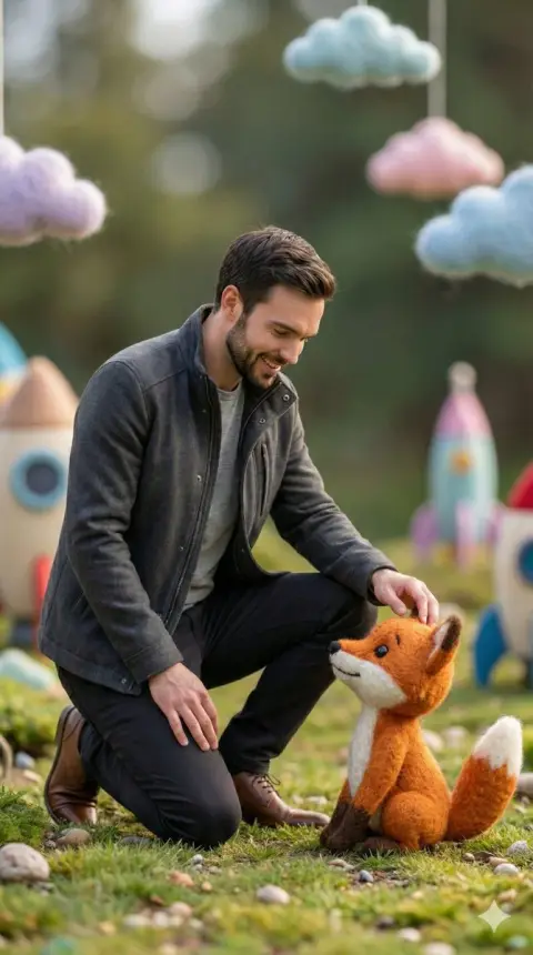 Reality and fairy tale intertwined, a real person walks side by side with a woolly fox