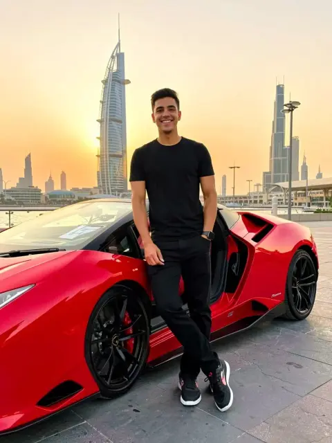Red Devil Lamborghini sportsman under sunset in Dubai