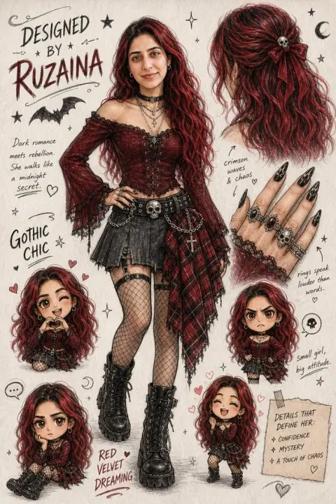 Red-haired avant-garde gothic anime character design