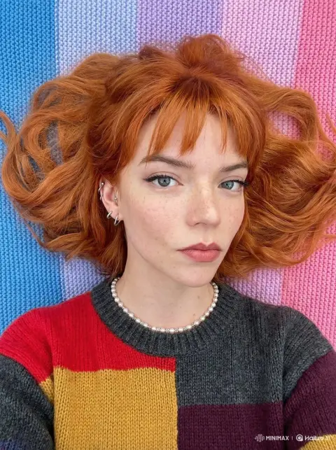Red-haired freckled girl on rainbow knitted blanket