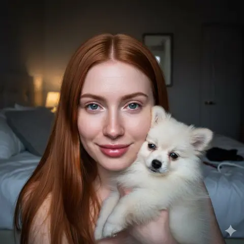 Red-haired girl hugs Pomeranian under flashlight late at night