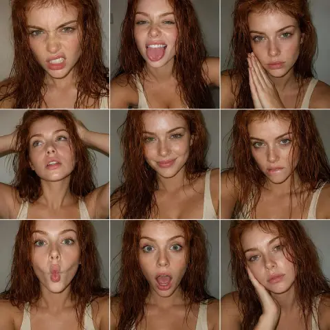 Red-haired, green-eyed beauty with nine-square grid FACS expression portrait