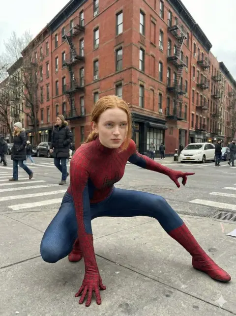 Red-haired Spider-Man girl drinking coffee on the streets of New York