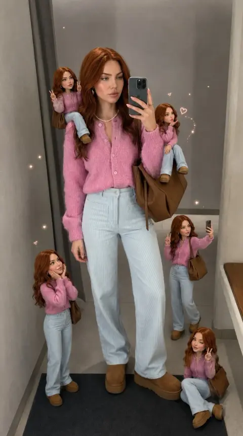 Red-haired woman taking selfie with miniature doll in dressing room mirror