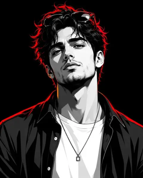 Red neon edge light black and white style portrait illustration