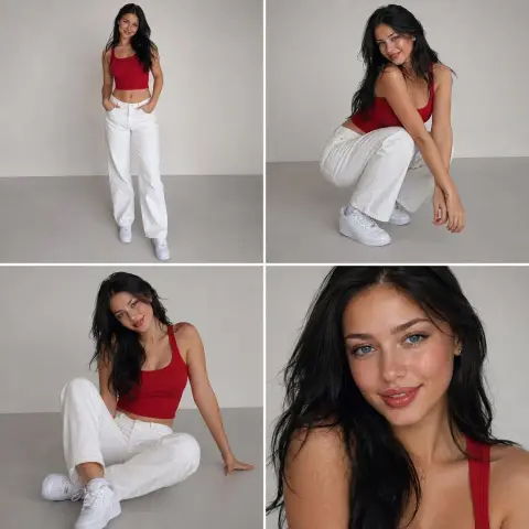 Red short vest, white jeans, Eastern European model portrait, four-square grid