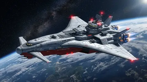 Red star battleship cruising in low earth orbit