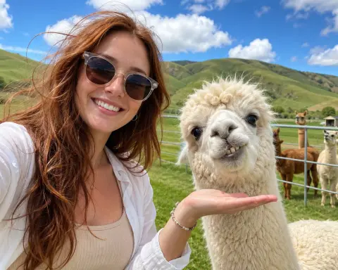 Reddish-brown-haired woman posing with white alpaca in the sun