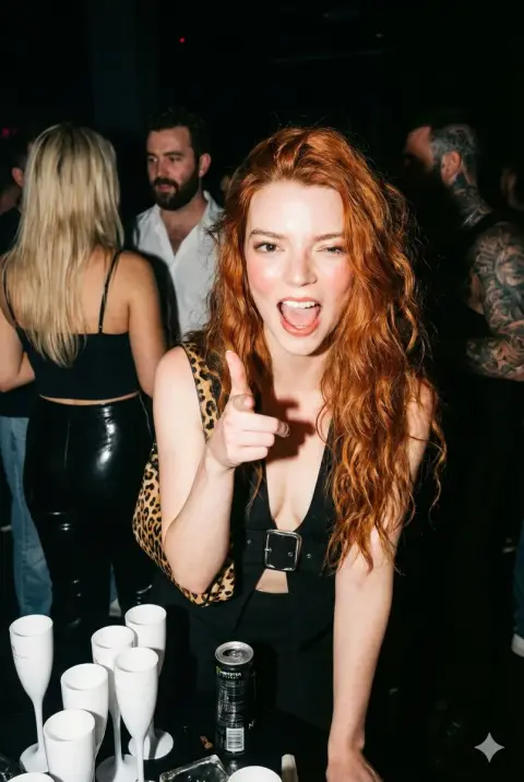 Redhead hottie's playful pistol under flashing lights in nightclub