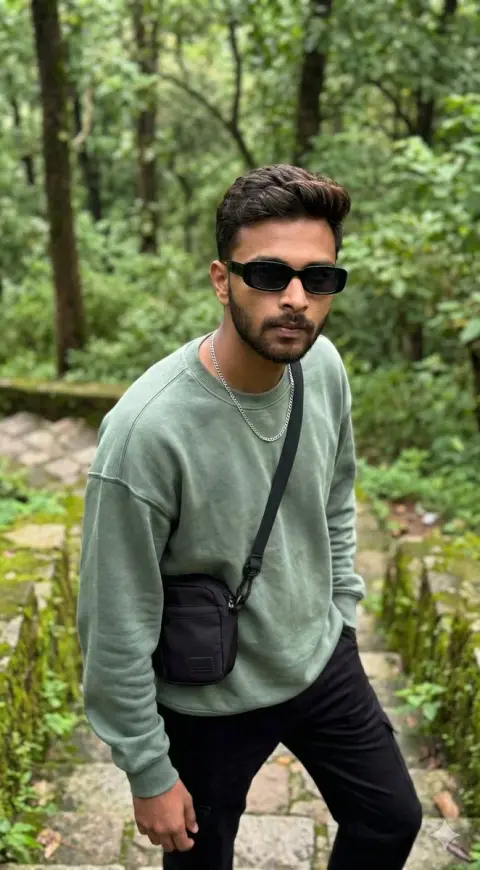 Relaxed male model on the mossy stone steps