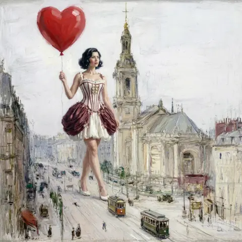 Remix from @Artedeingenio Low-angle shot of a giant young woman (Image 2) stepping across in the city from Image 1