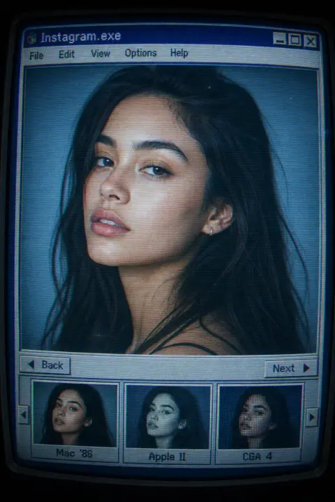 Retro 90s CRT interface hyper-realistic portrait