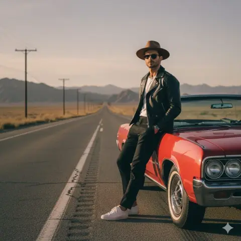 Retro American sportsman on desert road at dusk