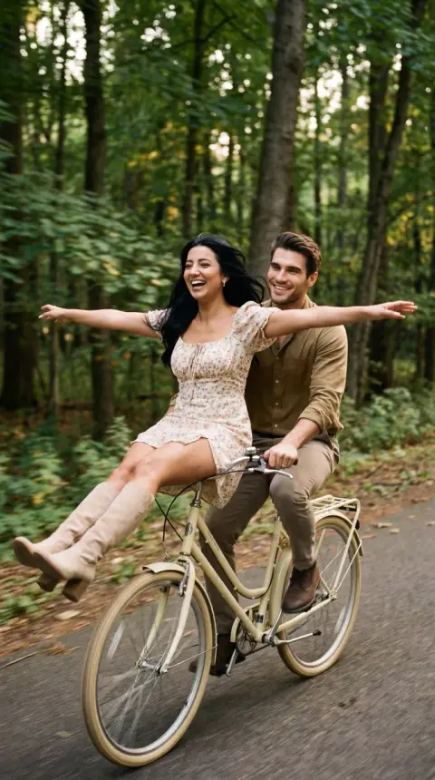 Retro bicycle speeding in the forest and lovers with open arms