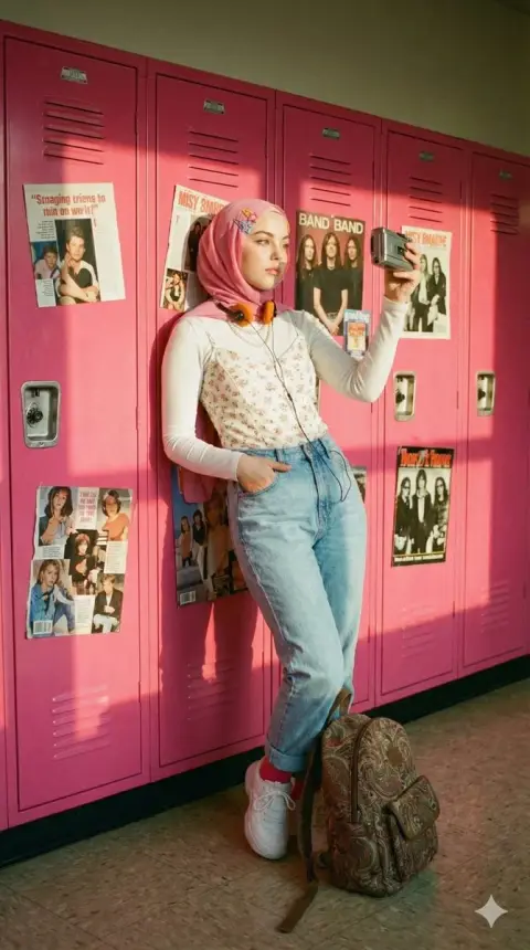 Retro campus girl under the golden hour light and shadow