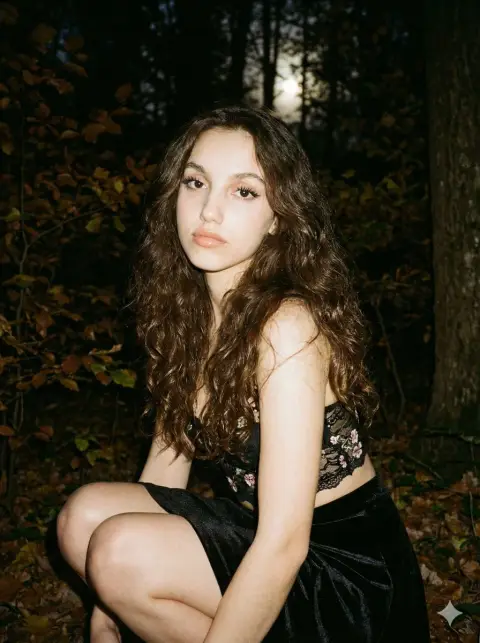 Retro film girl with moonlight shining in the forest on an autumn night